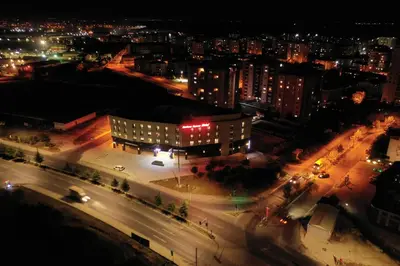 an aerial view of a city at night at BUSINESS EXPRESS HOTEL in Tekirdag