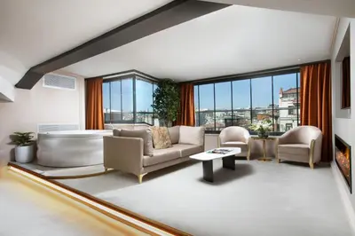 a living room with a couch and chairs and a fireplace at Walton Gardens Pera in Istanbul