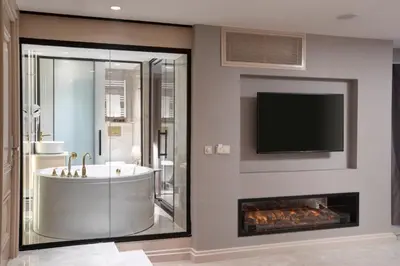 a bathroom with a tub and a tv and a fireplace at Walton Gardens Pera in Istanbul
