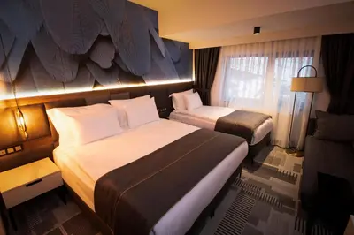 a hotel room with two beds and a window at Oksijen Zone Hotel & Spa - Full Board Plus in Uludag