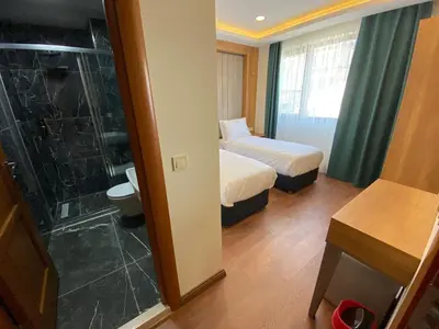 a hotel room with two beds and a shower at Pege Hotel in Istanbul