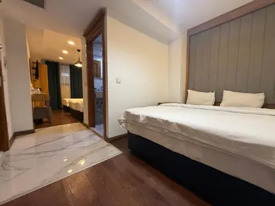 a hotel room with two beds and a hallway at Pege Hotel in Istanbul