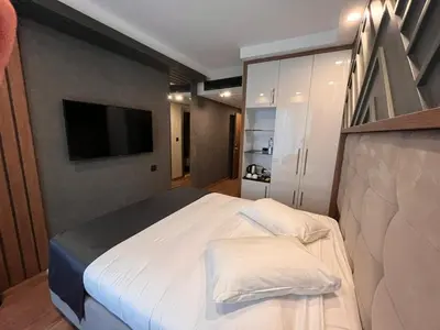 a bedroom with a large bed and a television at Cabir Deluxe Hotel Sapanca in Sapanca