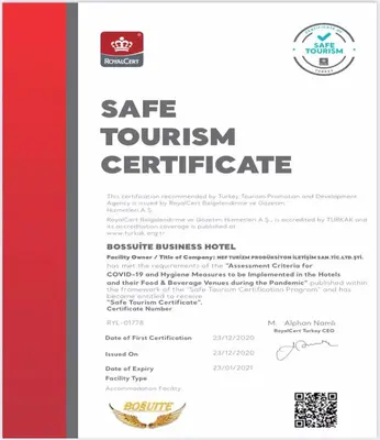 a screenshot of a safe tourism certificate website at Hotel Bossuite Business in Istanbul