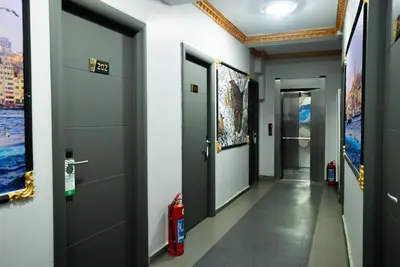 a hallway with doors and paintings on the walls at Golden Horn Park Hotel in Istanbul