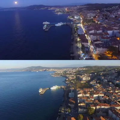 two pictures of a city and the ocean at Hotel Mudanya in Mudanya