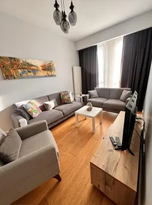 a living room with two couches and a tv at Divan Residence - Güneşli Near Ataköy Metro Station in Istanbul