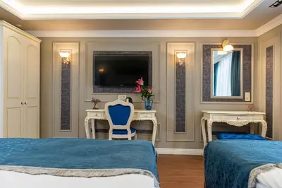 a bedroom with two beds and a tv at Begonville Mansion Oldcity in Istanbul