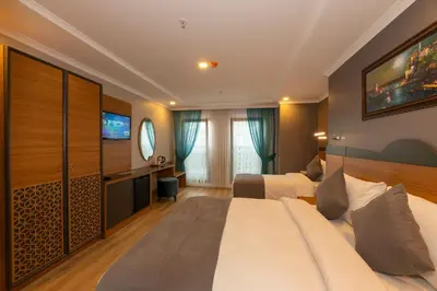 a hotel room with two beds and a television at New Emin Hotel in Istanbul