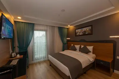 a bedroom with a large bed and a television in it at New Emin Hotel in Istanbul