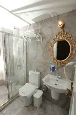 a bathroom with a toilet and a sink and a mirror at Constantinopolis Hotel in Istanbul