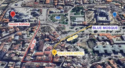 a map of a city with a blue mosque and engineer hotel at Sultanahmet Enjoyer Suites in Istanbul