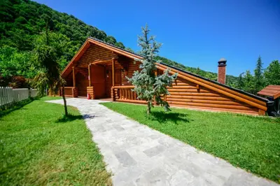 a log cabin with a pathway in front of it at Naturkoy Sapanca in Sakarya