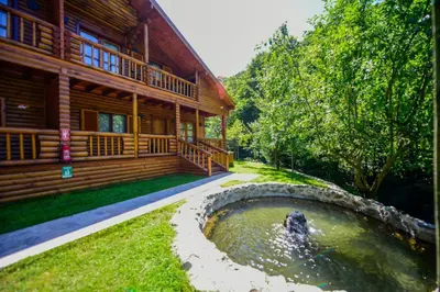 a log house with a pond in front of it at Naturkoy Sapanca in Sakarya