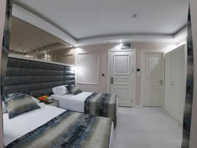 a hotel room with two beds and a hallway at Crowned Hotel in Istanbul