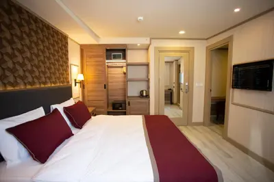 a bedroom with a large white bed with red pillows at Beşiktaş Serenity Hotel in Istanbul