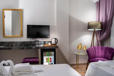 a hotel room with a purple chair and a tv at THE NOVA HOTEL in Yalova