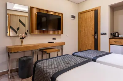 a hotel room with two beds and a desk with a television at Endican Sultanahmet Hotel in Istanbul