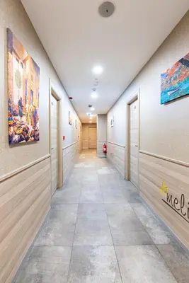 a hallway in a hospital with paintings on the walls at MELİSA SUİT RESİDENCE in Istanbul
