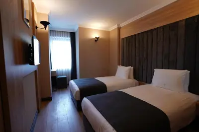 a hotel room with two beds and a television at Mineo Hotel Taksim in Istanbul