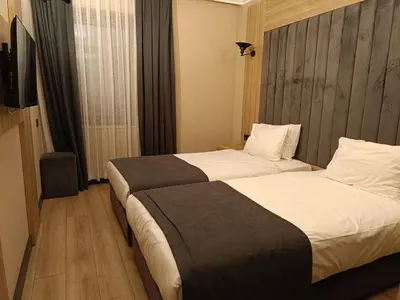 a hotel room with two beds and a television at Mineo Hotel Taksim in Istanbul