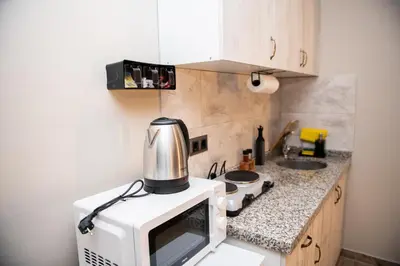 a kitchen with a microwave on top of a counter at Galapera Apartments in Istanbul