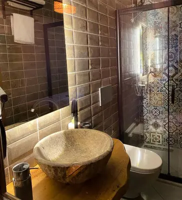 a bathroom with a large stone sink and a toilet at Sofia Konaklama in Istanbul