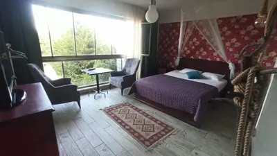 a bedroom with a bed and a chair and a window at Gölyaka Hotel in Bursa