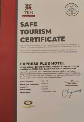 a sign for a safe tourism certificate on a wall at Express Plus Hotel in Istanbul