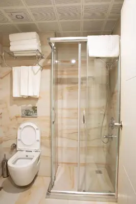 a bathroom with a shower and a toilet and towels at Alpinn Hotel DUE in Istanbul