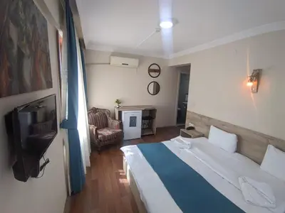 a hotel room with a bed and a television at Rumeli Konak Butik Otel in Tekirdag