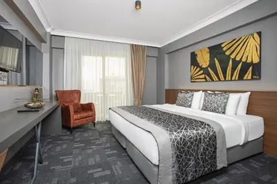 a hotel room with a bed and a desk and a chair at Luxon Hotel Sakarya in Sakarya