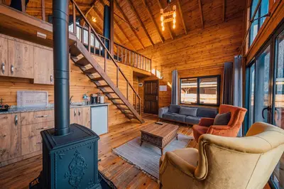 a living room with a wood stove in a cabin at Woodlodge Country Sapanca in Sapanca