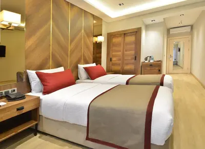 a bedroom with two beds with red pillows at Celine Hotel Taxim in Istanbul
