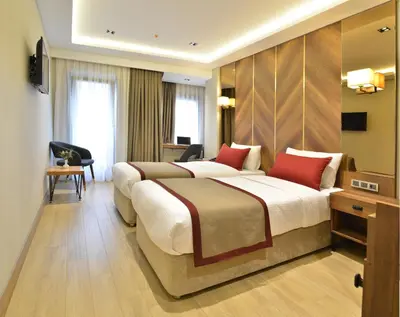 a hotel room with two beds and a television at Celine Hotel Taxim in Istanbul