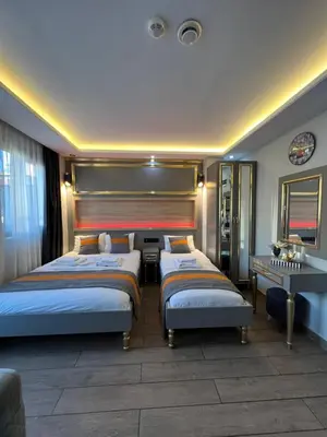 a hotel room with two beds and avisor at Taksim Larissa hotel suites in Istanbul