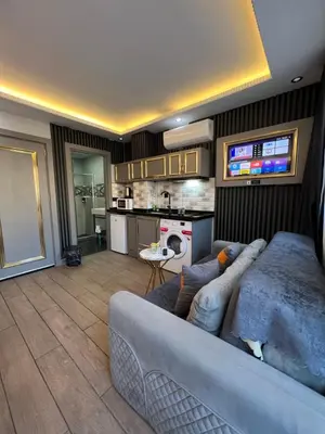 a living room with a couch and a kitchen at Taksim Larissa hotel suites in Istanbul