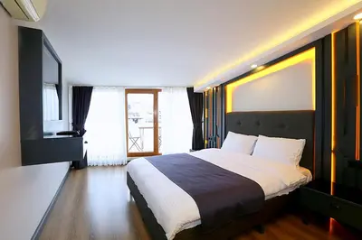 a bedroom with a large bed and a television at Galata King Suites in Istanbul