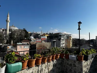 a row of potted plants on a ledge overlooking a city at yakut old hotel in Istanbul