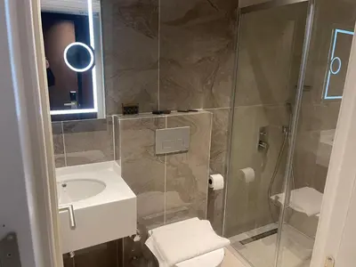 a bathroom with a shower and a toilet and a sink at The Biancho Hotel Old City - Special Category in Istanbul