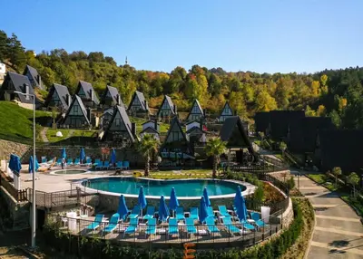 an aerial view of a resort with a pool and chairs at World DREAMS Sapanca in Sakarya