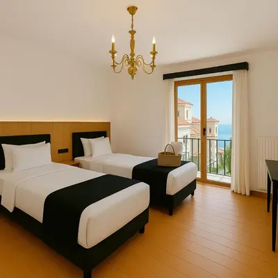 a hotel room with two beds and a chandelier at Taksim Istiklal Street Kamilbey Hotel in Istanbul