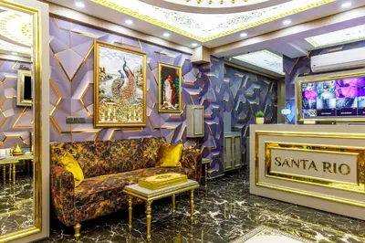 a living room with purple walls and a couch at Santa Rio Taxim in Istanbul