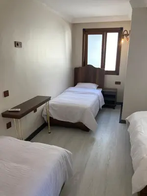 a bedroom with two beds and a desk and a window at Ulusoy Old Cıty in Istanbul