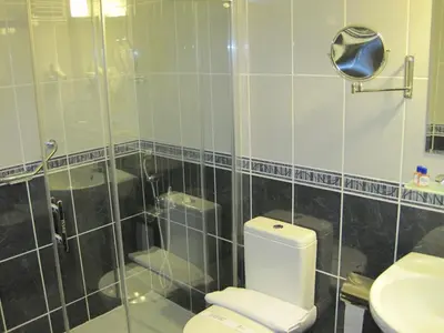 a bathroom with a toilet and a shower and a sink at Avlonya Hotel in Istanbul