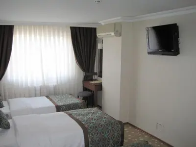 a hotel room with two beds and a flat screen tv at Avlonya Hotel in Istanbul