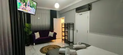 a living room with a purple chair and a tv at family villas 2 in Sapanca