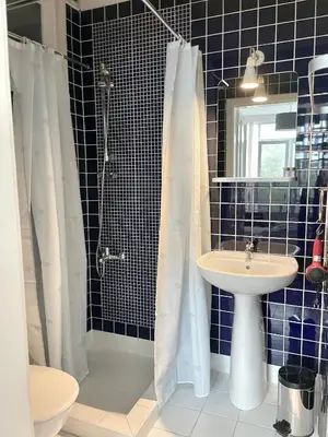 a blue tiled bathroom with a shower and a sink at Petek Pansiyon Fenerbahce Kadikoy in Istanbul
