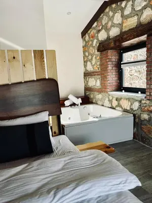 a bedroom with a bed and a bath tub at Masklavi in Kestel