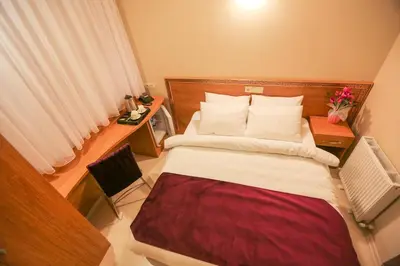 a bedroom with a large bed with a wooden headboard at Grand İstanbul Airport Hotel in Istanbul